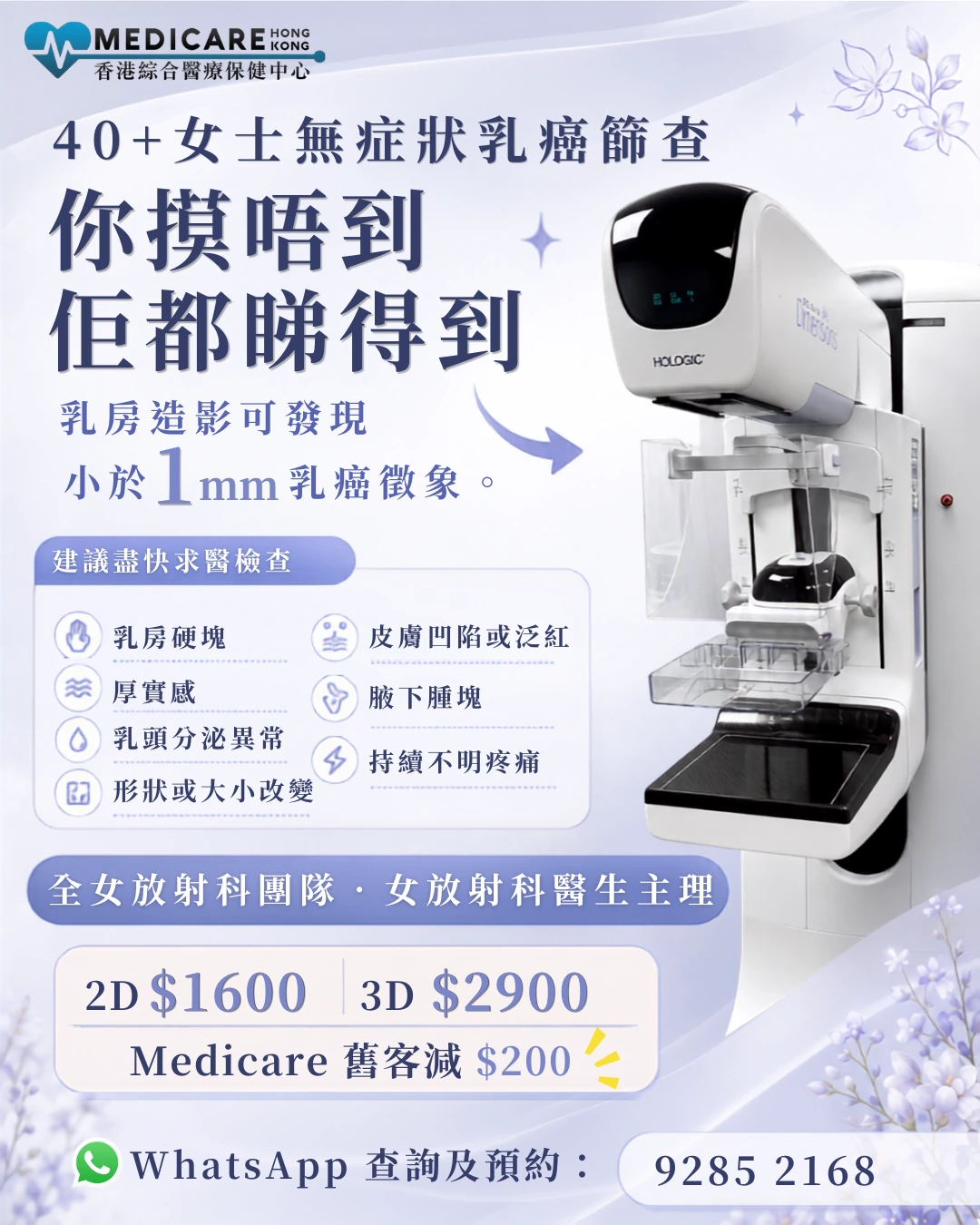 Medicare乳房造影檢查：40+女士無症狀乳癌篩查，2D及3D乳房造影